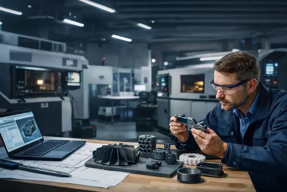 2026 Industrial 3D Printing Trends: What Manufacturers Need to Know Manufacturing engineer examining SLS 3D‑printed industrial components in modern additive manufacturing lab, 2026 industrial 3D printing trends