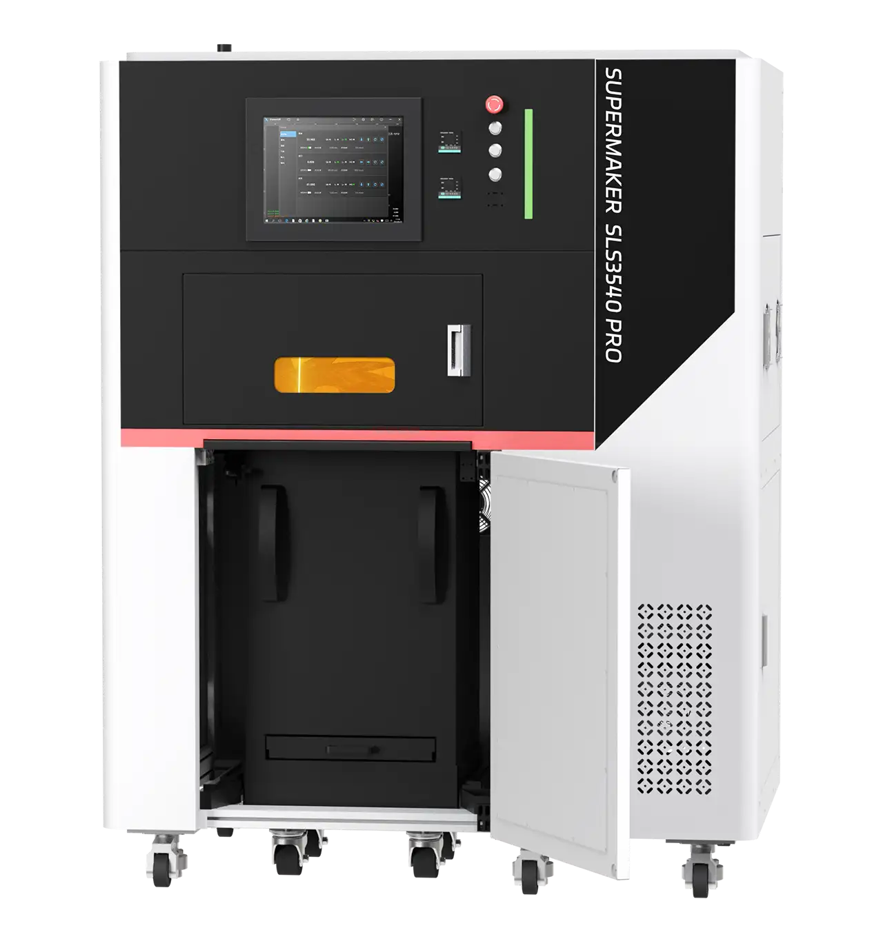 Opened front door of SLS3540Pro powder bed 3D printer, display forming chamber